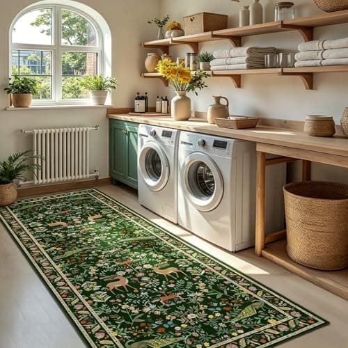 Lunasun Green Washable Floral 2x6 Runner Rug for Hallway- Stain Resistant Kitchen Runners, Botanical & Animal Indoor Floor Mat for Bathroom, Soft Non Slip with Rubber Backed - Thumbnail 3