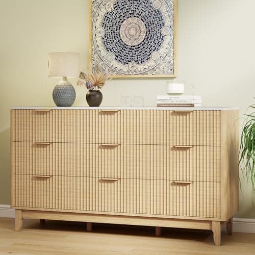 GlouMod Wood Dresser for Bedroom, 57" Long 9 Drawers Dresser with Marble White Top, Fluted Panel, Smooth Curve for Hallway, Natural Oak - Thumbnail 3