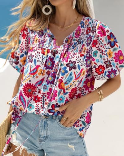 KIRUNDO Boho Tops for Women Summer 2026 Dressy Floral Blouse V Neck Drawstring Short Sleeve Shirts Beach Vacation Clothes(White Multicolored, X-Large) - Thumbnail 2