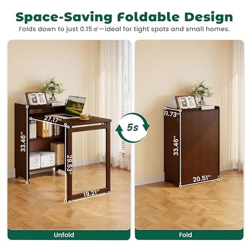 HDDFER Bamboo Folding Desk for Small Spaces,Hidden Desk with Storage Shelf, Foldable Computer Desk for Bedroom Home Office, Mid Century Modern Fold Out Table Writing Table, Walnut - Thumbnail 2
