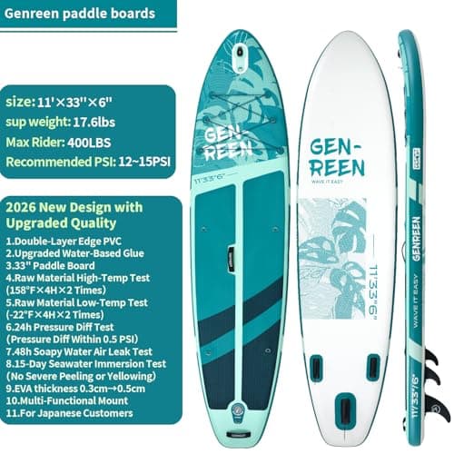 Genreen Stand up Paddle Board Inflatable SUP Board 11'33"6" 400LBS Capacity with EVA 0.5cm 4 Grips 3 Fins for Japanese Customers Ultra Stable Paddleboard (Monstera Powder Blue) - Thumbnail 2