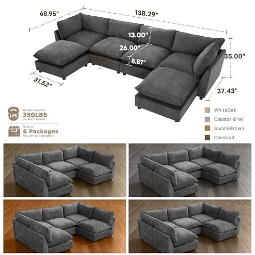 Iroomy Modular Sectional Sofa, U Shaped Chenille Cloud Couch Deep Comfy Seat, 6-Seater Sofas Couches for Living Room, Dark Grey, High Feet - Thumbnail 2
