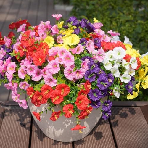 maxkes Artificial Flowers for Outdoors, UV Resistant Fake Silk Morning Glory, Realistic Faux Plants for Outside Porch Patio Window Box Hanging Planter (12, Purple White Yellow Pink Red) - Thumbnail 2