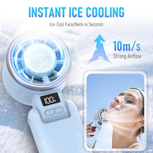 PlayHot Upgraded Portable Handheld Fan with 60°F Ice Cooling, Up tp 12Hrs Personal Fans Portable Rechargeable, 5 Speed 25550RPM Powerful Portables Fan Handheld, Hand/Neck/Desk Fan 3 IN 1(Blue) - Thumbnail 2