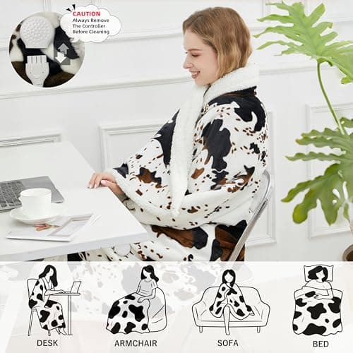 Heated Throw Blanket Cow Print Electric Blanket, Heating Blanket with 4 Heat Levels & 4-Hour Auto Shut-Off, Soft Flannel Sherpa Electric Throw, Machine Washable (White Cow Print, Throw) - Thumbnail 4