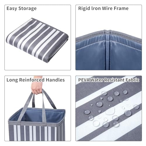 Laundry Basket，74L Laundry Hamper Large Collapsible,Durable, Waterproof & Space-Saving Storage for Clothes, Toys, blankets (Gray Striped, 2PCS) - Thumbnail 5