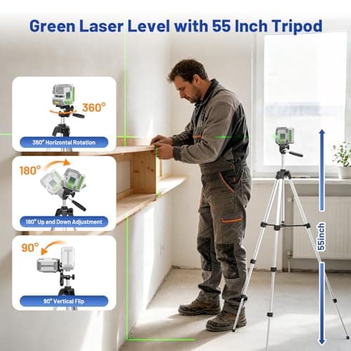 Huepar Pro Laser Level with 55-Inch Tripod, 150Ft Self Leveling Green Lazer Leveler Tool with Pulse Mode up to 200Ft, Rechargeable, Cross Lines for Picture Hanging, Tile, DIY/Construction, Hard Case - Thumbnail 3