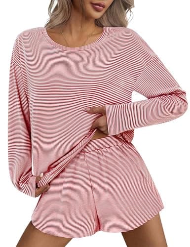 JUSTFASHIONNOW Womens Long Sleeve Pajama Sets Cute Lounge Set 2 Piece Crew Neck Striped Sleepwear Comfy Split Short Pajama Set Soft Fall Outfits Christmas Loungewear Cozy Pj sets (Red, Large) - Thumbnail 2