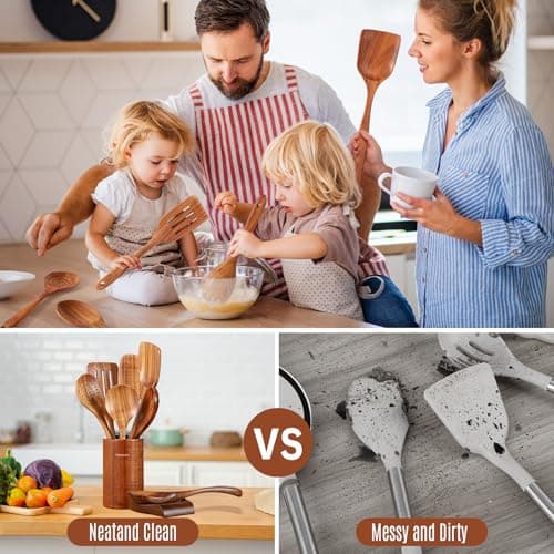 Wooden Spoons for Cooking, 9 PCS Teak Wood Cookware Utensil Set - Smooth Finish, Non-Stick, Comfortable Grip, Heat Resistant Kitchen Utensils Gift Box - Thumbnail 6