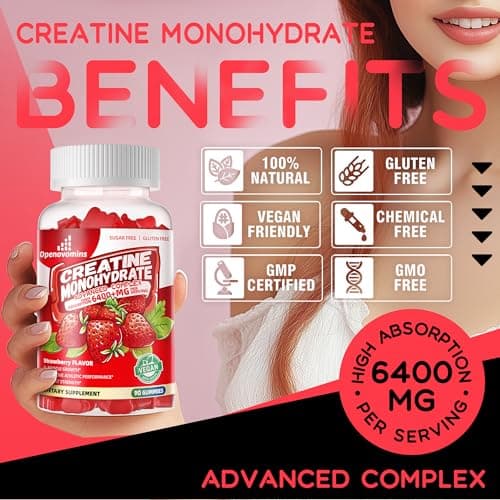 Creatine Monohydrate Gummies Complex for Men & Women -Advanced Formula W/L-Taurine + Vitamin B12, Sugar Free Chewable Supplement,90 Strawberry Gummies - Thumbnail 6