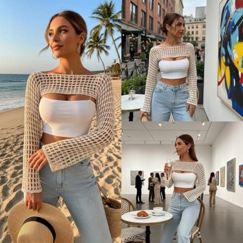 Mincib Womens Crochet Shrug Y2K Hollow Out Bolero Shrug See Through Cropped Knit Sweater Top(Beige,S) - Thumbnail 5