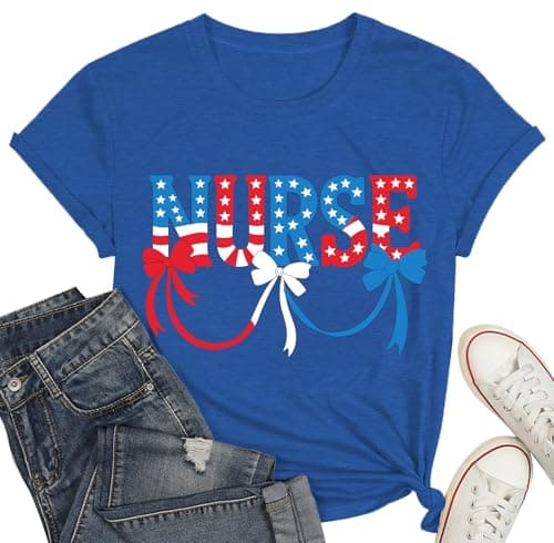 4th of July Nurse Shirts Women-Cute Nurse Bow Short Sleeve Patriotic Bow Tee Tops A-Blue - Image 1