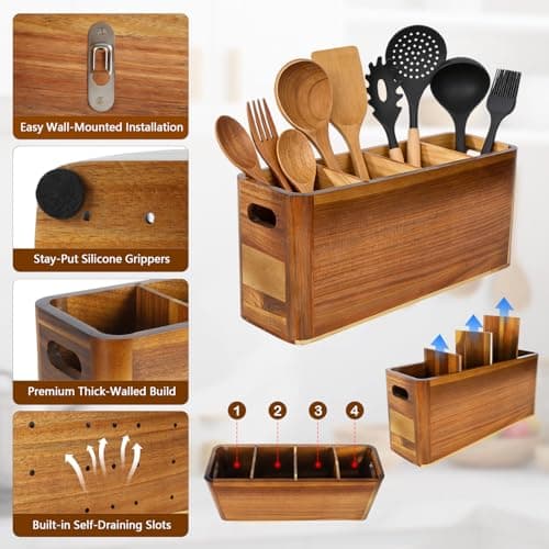 VLXXOI Large 4-Compartment Acacia Wooden Utensil Holder, Rustic Kitchen Counter Organizer, Extra Large Wood Storage Container for Cooking Utensils and Silverware - Thumbnail 4
