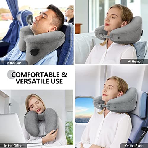 Sunany Neck Pillow for Travel Inflatable Airplane Pillow Comfortably Supports Head, Neck and Chin, Inflatable Travel Pillow with Soft Velour Cover and Portable Drawstring Bag (Grey) - Thumbnail 2