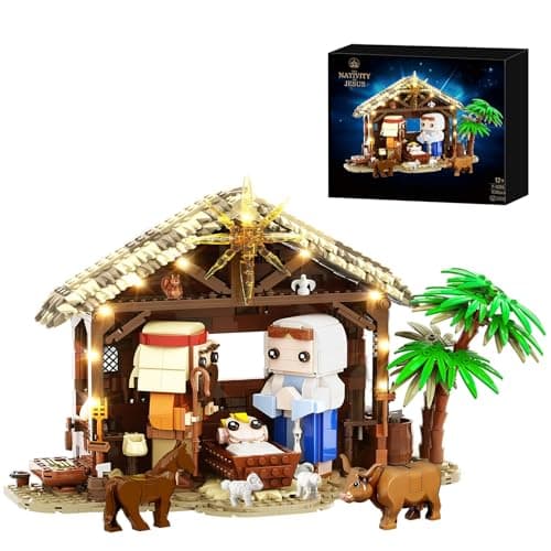 Jesus Nativity Building Set with Lights, 1000PCS Nativity Blocks Compatible with Lego, Holy Family & Animals, Great Easter, Christian, Birthday Gift for Kids Adults