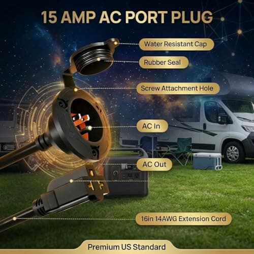 15A AC Port Plug, 125V 14AWG RV Shore Power Inlet with Waterproof Electrical Receptacle Box, 16" Outdoor Extension Cord with 5-in-1 T-Blade Adapter for Golf Cart, Boat, Truck, Camper - Thumbnail 6