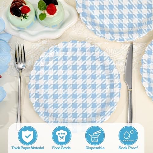 NatNarr 30 Pcs Light Blue Gingham Plates, 7 Inch Scalloped Plaid Camping Dessert Dinner Party Plates Blue and White Gingham Party Supplies for Boy Baby Shower, Wedding, Birthday - Thumbnail 4
