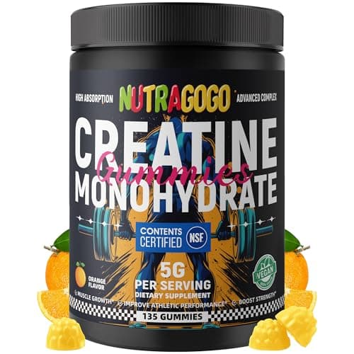 NUTRAGOGO NSF Certified Creatine Gummy - Creatine Monohydrate Gummies for Men & Women-5g of Creatine Monohydrate per Serving - Sugar Free,Vegan, Organe Electrolyte Chews, 135 Count