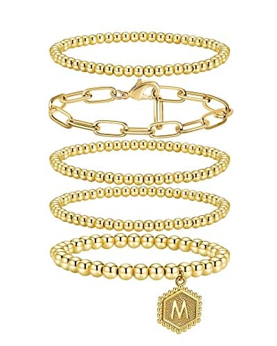 shownee Gold Beaded Bracelet for Women - 14K Real Gold Plated Bead Bracelet Stretchable Elastic Chain Ball Bracelet Kit Jewelry Gifts with Letter Pendant M - Image 1