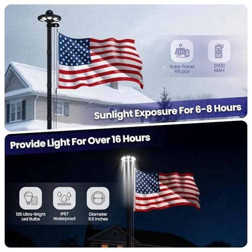 GHOSOONE 20FT 11 Gauge Heavy Duty Flag Pole Light Solar Powered,Extra Thick Ground Flag Pole for Outside House with 136 LED Light & 3x5 USA Flag for Residential Commercial Outdoor,Black - Thumbnail 3