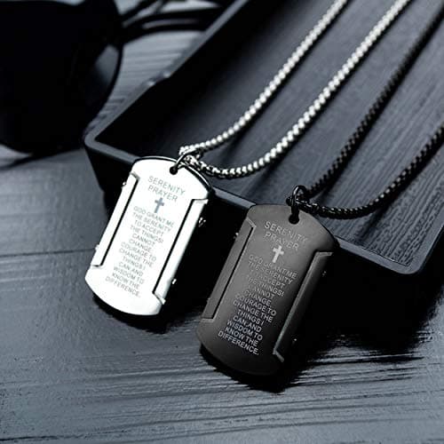 Rehoboth Men's Stainless Steel Dog Tag Bible Verse Serenity Prayer Cross Pendant Necklace for Men Women 24 Inch Chain Black - Thumbnail 5