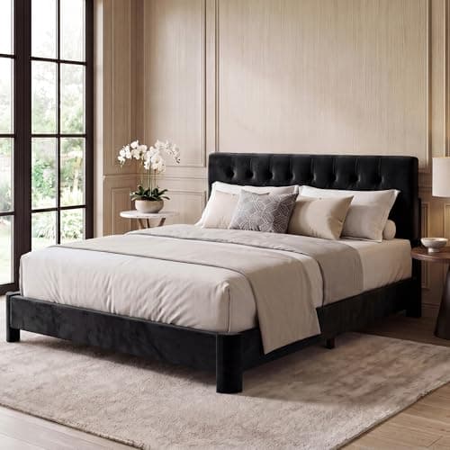 Vipbear Full Bed Frame, Velvet Fabric Upholstered Platform Bed with Button Tufted Headboard, Strong Wooden Slats Support, Noise Free, Easy Assembly, Adjustable Headboard, No Box Spring Needed, Black - Thumbnail 3
