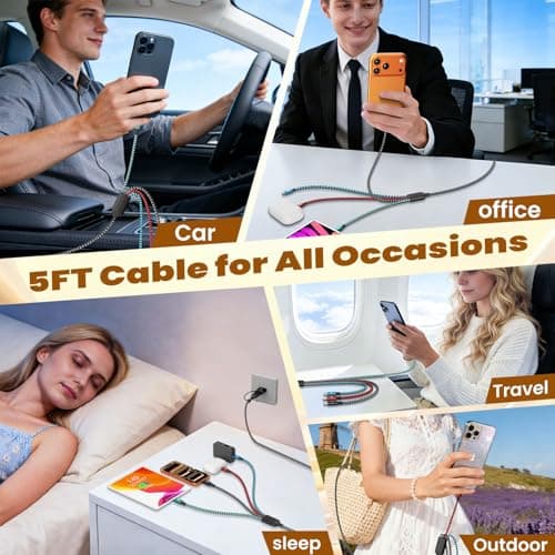 Travel 4 in 2 Multi Charging Cable, USB A/C Charging cords with Dual Type-C/Lightning/Micro USB, Universal iPhone Charger Cord for iPhone Series/Androids/Tablets, Multi Charger Cable (3Pack, 5FT) - Thumbnail 3