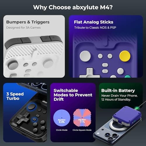 abxylute M4 Snap-On Mobile Gaming Controller for Android & iPhone, Switch 1&2, Portable Bluetooth Mini Controller, Pocket-Sized Retro Emulator Gamepad w/Stand, Dual Joystick Turbo Pro Gaming, Magnetic Black - Thumbnail 6