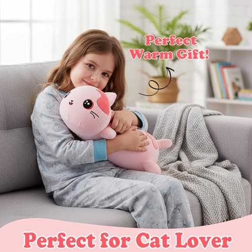 Microwave Weighted Cat Stuffed Animal - 2.2 Pounds Big Pink Cat Plush Machine Washable Unscented Cute Heating Pad Animal Pillow Warm Plushies Toy for Adults Kids Pink Flower Embroidery 15 Inch - Thumbnail 2