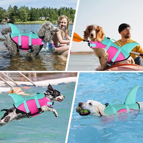 Dogcheer Dog Life Jacket Shark, Ripstop Dog Life Vest for Swimming Boating with Reflective Stripes & Rescue Handle, High Buoyancy Pet Swim Vest for Small Medium Large Dogs - Pink & Green, L - Thumbnail 5