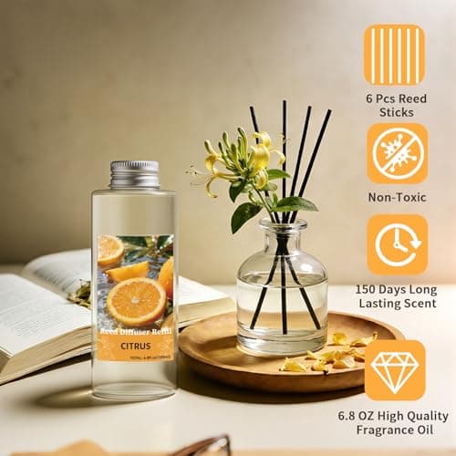 STRN Reed Diffuser Oil Refill, Citrus Scented Diffuser Oil Refills with 6 Reed Sticks 200ML(6.8fl.oz), Room Fresheners for Home, Long-Lasting Fragrance for Living Room, Bedroom, Office, Home Décor - Thumbnail 4