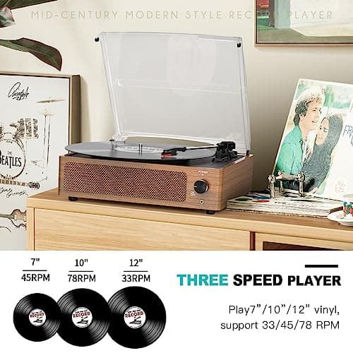 Retro Record Player for Vinyl with Speakers Vintage Turntable Vinyls Records Belt-Driven Turntables 3-Speed 3 Size 33 1/3 45 78 RPM Wireless Playback Headphone AUX RCA Line LP Vinyl Players Wood Grain - Thumbnail 4