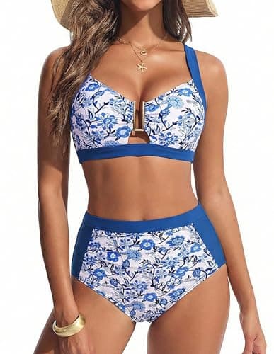 Hanna Nikole Women's Sexy Bathing Suit Two Piece High Waisted Bikini Sets Tummy Control Swimsuits V Neck Full Coverage Swimwear (Blue Floral, L) - Image 1