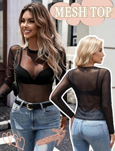 Avidlove Black Mesh Top Women Sheer Blouses for Women Mesh Undershirt Women T Shirt Black Long Sleeve Top Black S - Thumbnail 4