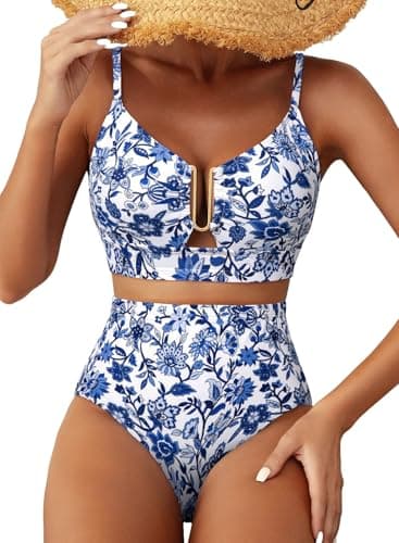 Herseas Women 2 Piece High Waisted Bikini Sets U Wire Floral Print Crisscross Back Swimsuits Adjustable Spaghetti Straps Push Up Bathing Suit Vintage Summer Holiday Outfits Blue Floral X-Small - Image 1