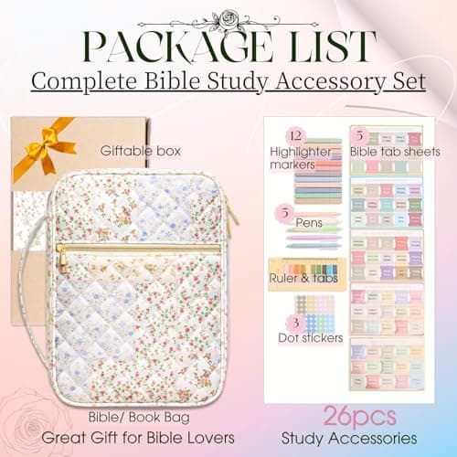 Large Quilted Bible Cover Case: Christian Birthday Gifts for Women Girls Mom Her Wife Floral Bible Bag with Multi Pockets 26Pcs Study Supplies Journaling Kit, Durable Book Carrying Cases Summer Gift - Thumbnail 6