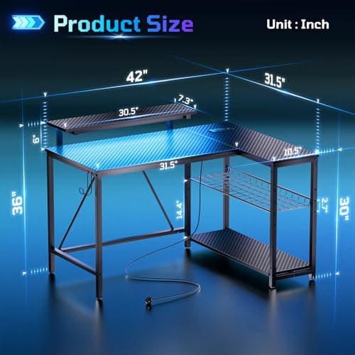 Bestier Gaming Desk with Power Outlets, 42" L-Shaped Computer Desk with LED Lights, Desk with Reversible Storage Shelves & Hooks for Small Spaces, Bedrooms & Offices, Black Carbon Fiber - Thumbnail 2