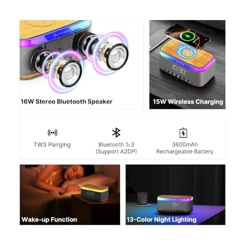 AUVODA S300 16W Stereo Bluetooth Speaker with 15W Fast Wireless Charging, 13-Color Night Light, Alarm, White Noise, FM Radio, Portable, TWS, BT5.3, for PC, Smartphone, Home, Office & Bedroom (Wood) - Thumbnail 2