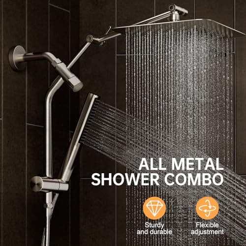 Veken 10" Luxurious Brushed Nickel All Metal Rain Shower Head with Handheld Spray Combo, High Pressure Rainfall Square Shower Heads with Extension Arm, Wide Dual Showerhead, Bathroom Accessories - Thumbnail 2
