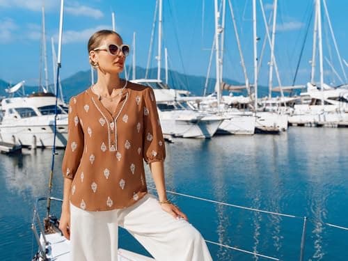 GRACE KARIN Boho Tops for Women Summer, Dressy Casual Floral Blouses, V Neck Button Up 3/4 Sleeve Shirts for Vacation Brown XL - Thumbnail 3