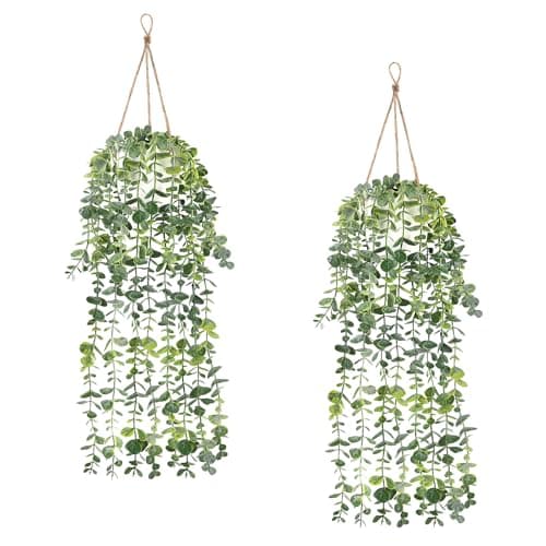 2 Pcs Fake Hanging Plants, Artificial Hanging Vines Plant, Faux Potted Eucalyptus Plants, Boho Home Decor for Indoor Outdoor, Wall Shelf Office Living Room Bedroom Bathroom Farmhouse Decorations - Image 1
