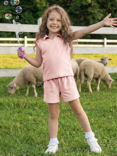 XMWEALTHY Two Piece Set for Girls Cap Sleeve Tween Girls Trendy Clothes and Oversized Shorts With Pockets Soft Summer Outfits for School Active Days Travel Light Pink 9-10T - Thumbnail 6