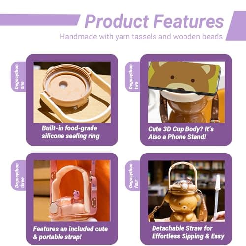 DegoCython Kawaii Bear Straw Water Bottle for Kids 31.5oz (930ml) - Leak Proof One Touch, BPA Free, Adjustable Removable Shoulder Strap, Cute Water Bottle for Boys Girls, Purple, Phone Holder Lid - Thumbnail 4