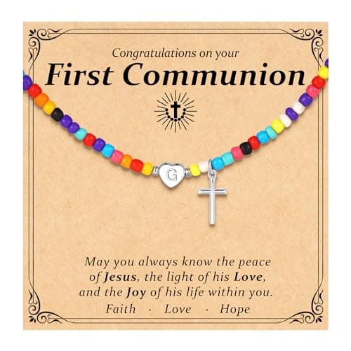 C-leen First Communion Gifts for Goddaughter - 18K White Gold Plated Initial Cross Heart Necklaces First Baptism Communion Confirmation Letter G Necklace Easter Gifts for Kids Teens - Image 1