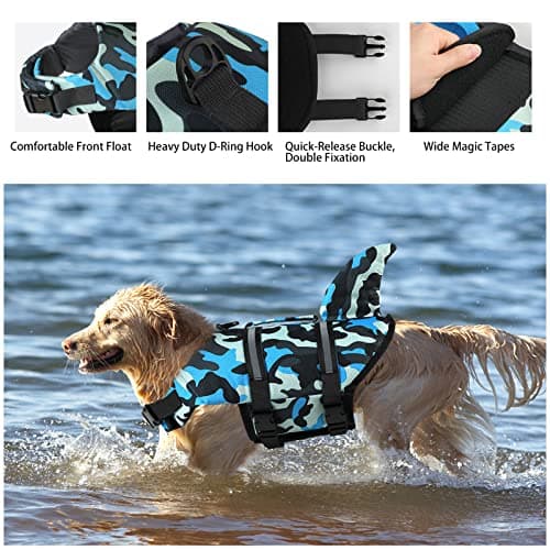 Dogcheer Dog Life Jacket Shark, Ripstop Dog Life Vest for Swimming Boating with Reflective Stripes & Rescue Handle, High Buoyancy Pet PFD Swim Vest for Small Medium Large Dogs - Camo Blue, M - Thumbnail 6