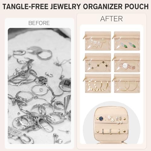 WOOMADA Travel Jewelry Case, Portable Jewelry Box with 6 Velvet Jewelry Zipper Pockets,Gift Idea for Women(beige) - Thumbnail 4