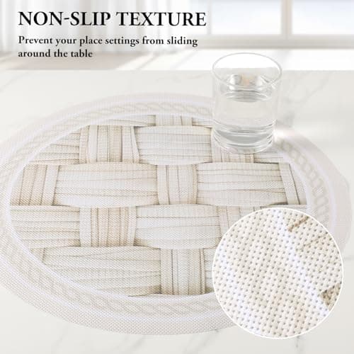 Kaixinbao 15 Inch Round Placemats Set of 6,Washable Wipeable Durable Place Mats for Dining Table,Kitchen Decor, Non Slip Lace PVC Vinyl Braided Table Mats(6, Cross-Weave Straw) - Thumbnail 6