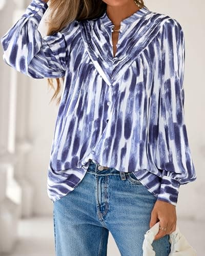 BTFBM Womens Tops Dressy Casual Spring 2026 Boho Floral V Neck Long Sleeve Half Button Down Shirt Work Business Blouses(Striped White Blue, Small) - Thumbnail 5