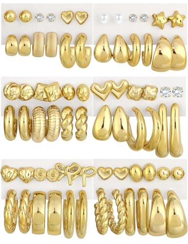 Chunky Gold Hoop Earrings Set for Women, 36 Pairs Gold Plated Lightweight Open Twisted Hoop Earring Multipack, Thick Big Heart Bow Stud Hoops Earring Stack for Gift - Image 1