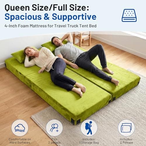Easthome Memory Foam Camping Mattress Pad with Pillow - Extra Thick 4 Inch Sleeping Pad for Camping, Waterproof Roll Up Single Mattress Topper Bed for Adults Car Tent, Travel Bag, Avocado Green - Thumbnail 4